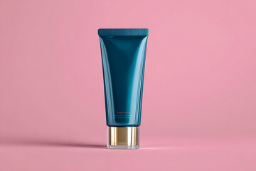 Glossy Dark Teal Cosmetic Tube Mockup with Gold Cap on Pink Background – Product Packaging Design
