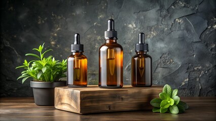Amber bottles of essential oil with fresh mint leaves on wooden surface