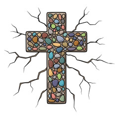 Flat design cross made of small river stones, natural cracked surface. Vector flat design cartoon. AI generated images.