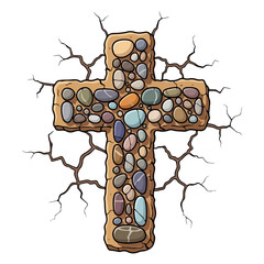 Flat design cross made of small river stones, natural cracked surface. Vector flat design cartoon. AI generated images.