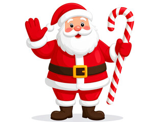Jolly Santa Claus waving cheerfully in full red suit and white beard isolated on transparent background PNG