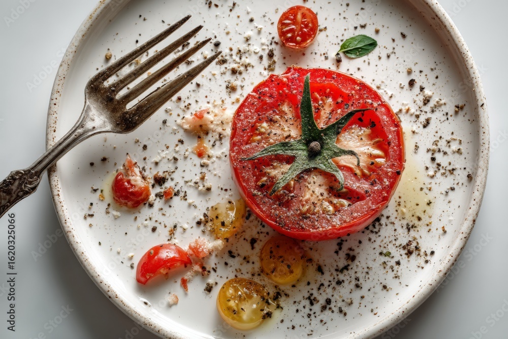 Poster sliced red tomato garnished with herbs on a rustic plate with a fork at a dining table during a leis
