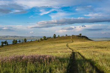 Beautiful sunset landscape in a steppe hilly area