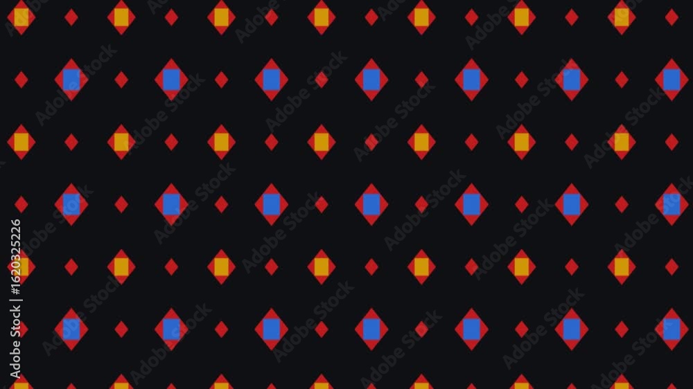 Poster futuristic loop animation featuring glowing orange dots and purple diamond shapes on a black backgro