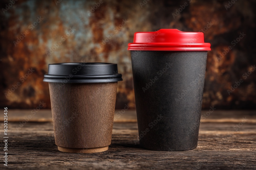 Poster two coffee cups with contrasting sizes and colors on a rustic wooden table against a textured backgr