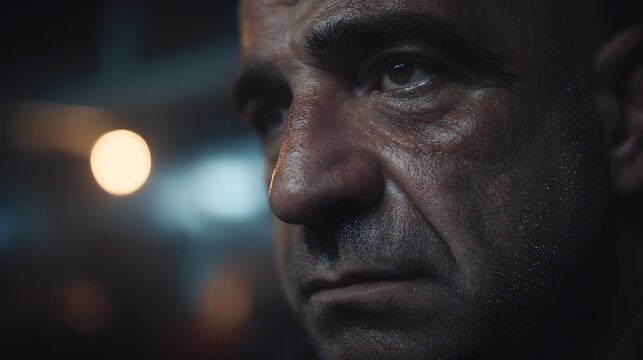 Intense Gaze Male Portrait: Dramatic Lighting and Rugged Features in Cinematic Atmosphere with Emotional Depth - Character Study with Highlight and Shadow in Visual Narrative Photography