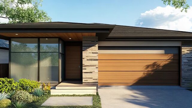 Modern suburban house with landscaping and driveway on sunny day
