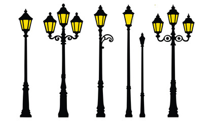 Vintage Street Lamp Silhouette Set Urban Retro Lighting Icons

