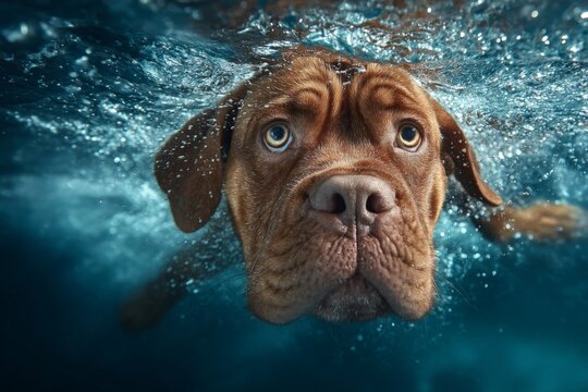 Dog swimming underwater with a focused expression, showcasing determination and curiosity while exploring the water environment - Powered by Adobe