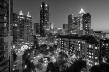 City skyline illuminated at dusk with gardens and buildings in black and white