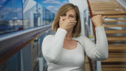 Woman in white top covering mouth with hand and showing thumbs up on boat deck railing under blue...