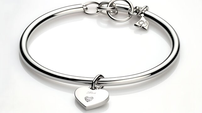 A thin silver bracelet with a small engraved heart charm laid flat with the clasp open, diagonally across a white backdrop, high clarity close-up with realistic reflections on metal