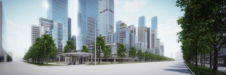 Futuristic cityscape with modern skyscrapers and lush greenery
