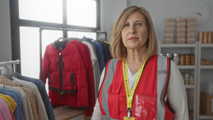 Woman volunteer wearing red vest stands by neatly arranged clothes rack inside donation building; compassion service.