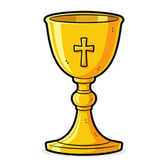 Cartoon of a golden Catholic mass chalice, decorated with a small cross in the center. Vector flat design cartoon. AI generated images.