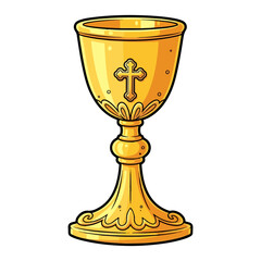 Cartoon of a golden Catholic mass chalice, decorated with a small cross in the center. Vector flat design cartoon. AI generated images.