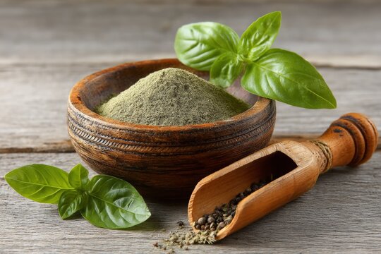 Herbs and spices arranged artistically in a wooden bowl with a scoop on a rustic wooden surface during daylight