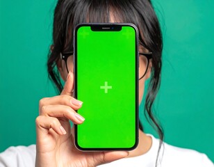 Woman's face obscured by smartphone with green screen