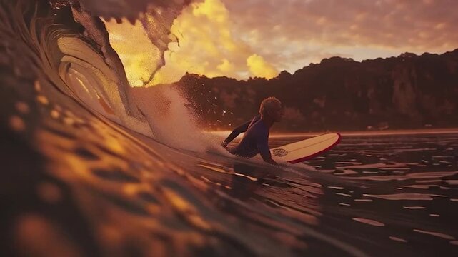 Golden sunset surfer riding a wave