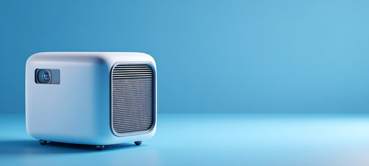 Portable Mini Projector on Blue Background – Modern Home Cinema Device