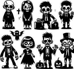 Black and white cartoon zombies and skeletons in Halloween theme  