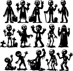 Various zombie characters in different poses and styles  