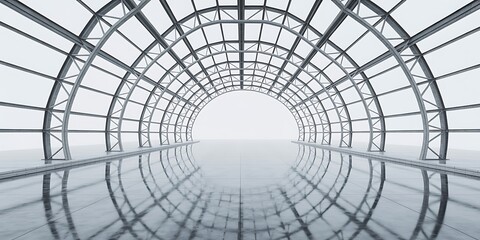 Obraz premium Modern architectural tunnel with reflective floor and bright light at the end