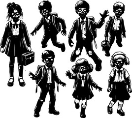 Group of seven diverse schoolchildren walking and posing in black silhouettes  