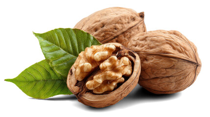 walnuts with leaves on white background