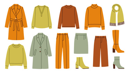 Autumn clothes simple set. Women fashionable outfits for autumn and spring, trendy fashionable store. Vector flat illustration. Coats, boots, sweaters and trousers.