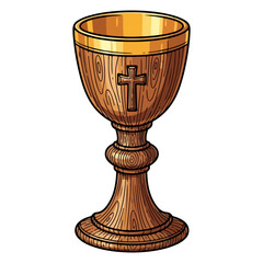 Vector of an old wooden Catholic chalice, apparently used in holy mass. Vector flat design cartoon. AI generated images.