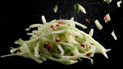 Freshly Shredded Green Apple Salad with Nuts and Herbs on Black Background