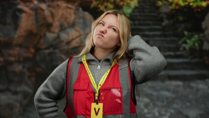 Woman smiling outdoors wearing red vest volunteer badge blonde hair urban setting stairs in...