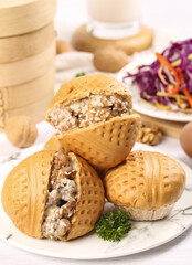 Cantonese brown sugar walnut buns served for gourmet morning tea with fresh ingredients