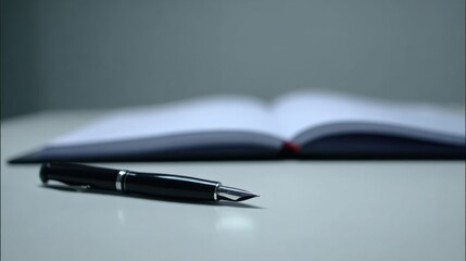 Elegant fountain pen lying on desk with open notebook in background