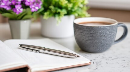Coffee break enhances productivity: pen and notebook await inspiration