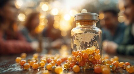 Glass jar with world map and orange beads symbolizing global business