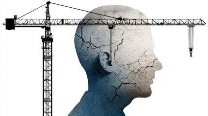 Construction crane working on cracked human head representing mental health issues