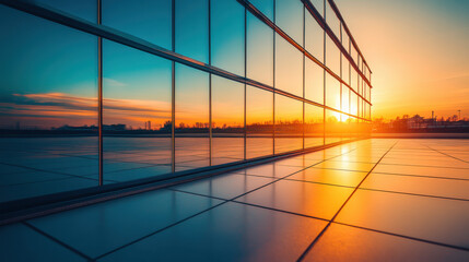 Modern glass building reflecting sunset light at dusk