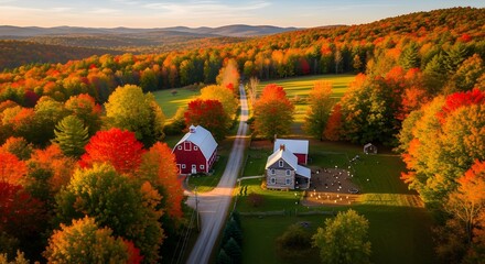 Autumn Landscape with Farmhouse and Colorful Deciduous Trees