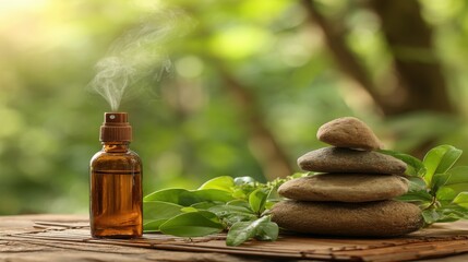 Spraying essential oil for aromatherapy and relaxation with zen stones