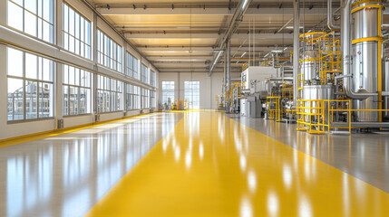 Modern industrial factory interior with machinery and yellow stripe on floor