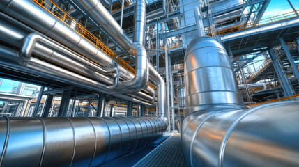 Industrial pipes and tanks refining petroleum in a modern factory