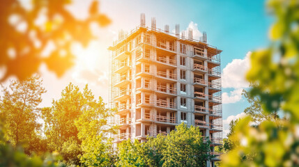 Construction site of modern residential building surrounded by green trees on sunny summer day