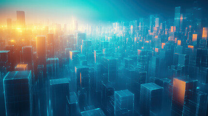 Futuristic glowing cityscape expanding into horizon at sunset