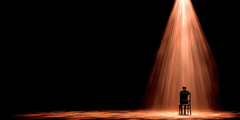 Lonely businessman sitting under spotlight in dark room