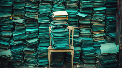 Stack of old books sitting on chair in library archive