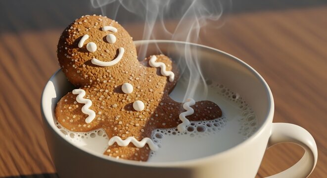 Funny gingerbread man cookie relaxing in a hot cup of milk with steam
