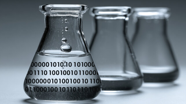 Erlenmeyer flasks containing liquid and displaying binary code suggesting biotechnology research