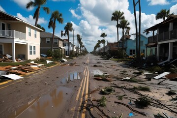 A street lined with debris and broken homes after a storm. Streets flooded by the torrential rains that have fallen. Natural disaster consequences. Climate change